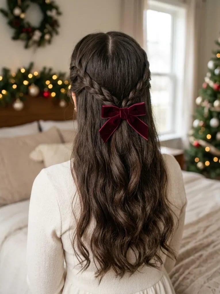 Two Braids With Dark Red Velvet Bow — Christmas Braids