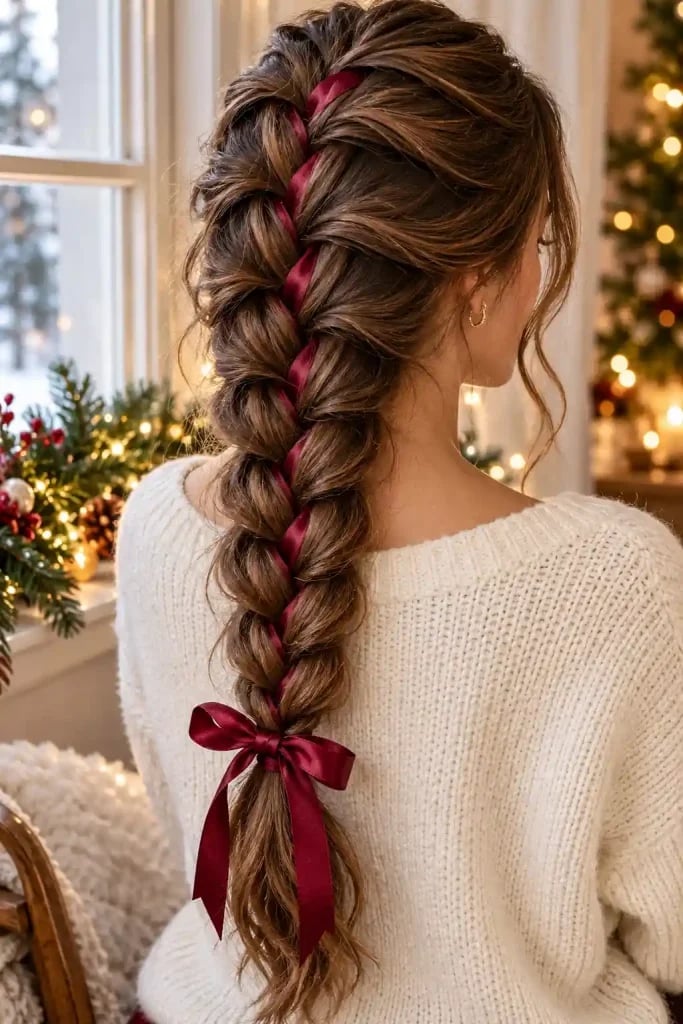 Dutch Braid With Burgundy Ribbon — Christmas Braids