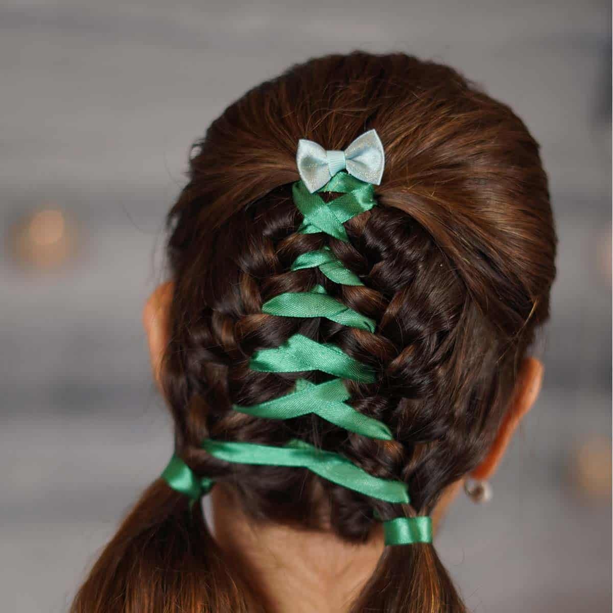 Pigtail Braids With Green Ribbon — Christmas Braids