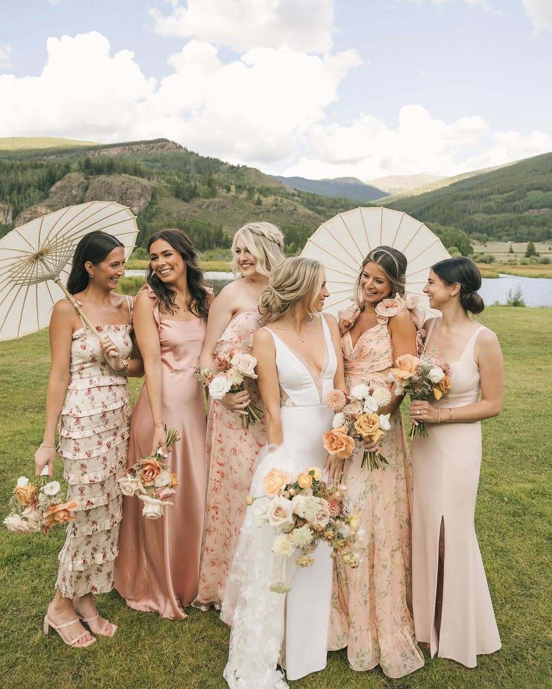 Peach and Pink Floral Print and Satin Bridesmaid Dresses — Bridesmaid Dress Ideas