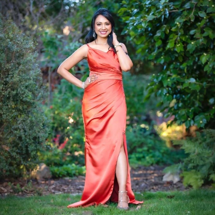 Burnt Orange Satin Wrap Dress with Ruching and High Slit — Bridesmaid Dress Ideas