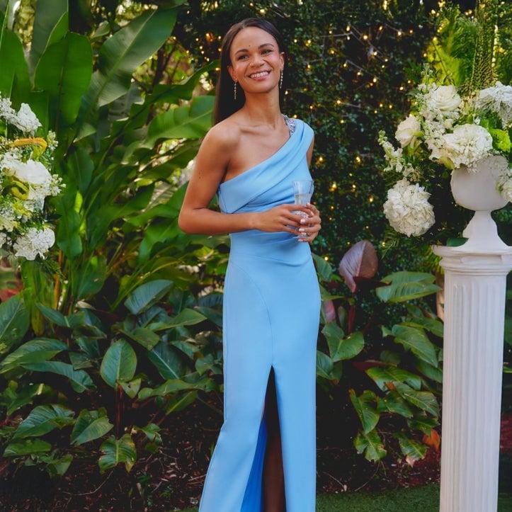 Light Blue One-Shoulder Crepe Dress with High Slit — Bridesmaid Dress Ideas