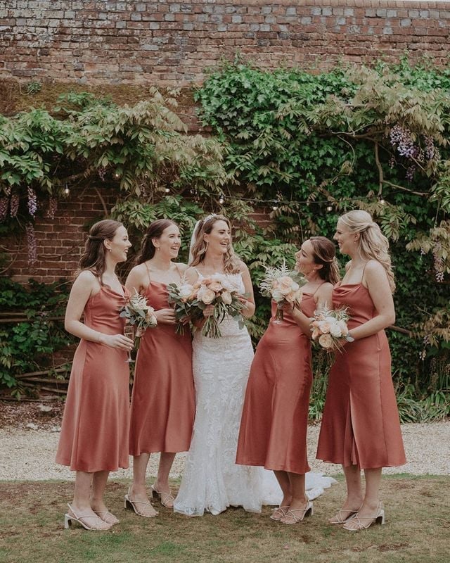 Rust-Colored Satin Midi Dresses with Straight Silhouette — Bridesmaid Dress Ideas