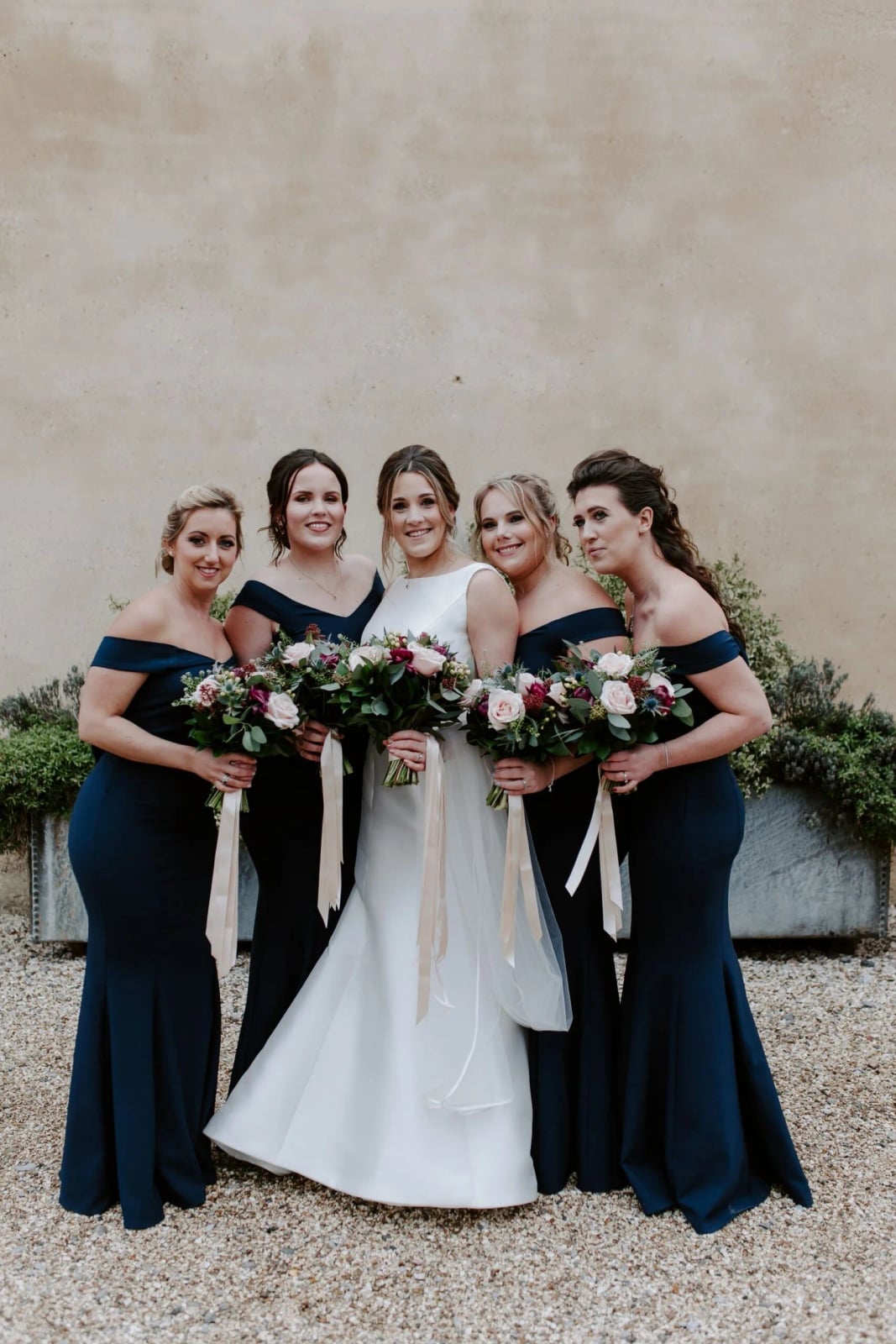 Matching Navy Blue Off-the-Shoulder Mermaid Dresses — Bridesmaid Dress Ideas
