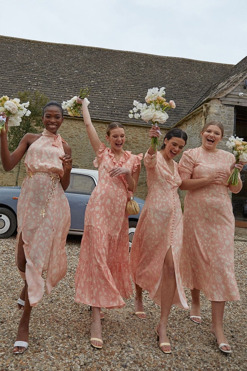 Pale Pink Floral Print Midi Dresses with Ruffled Neckline — Bridesmaid Dress Ideas