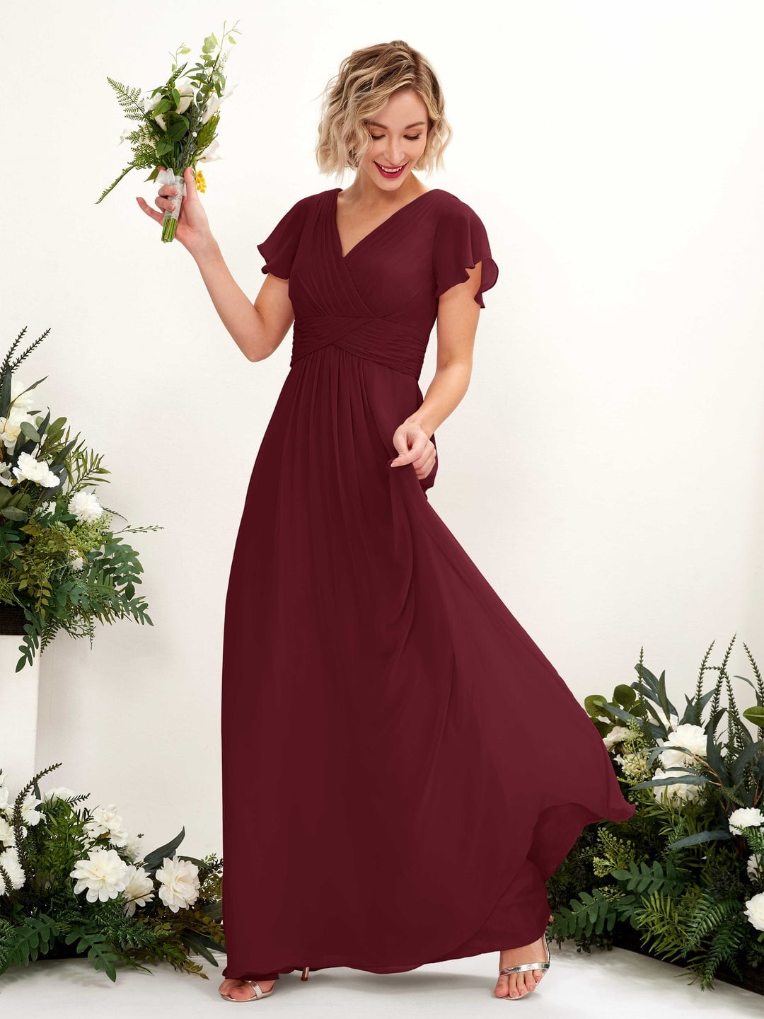 Burgundy Chiffon Dress with Flutter Sleeves and Wrap Bodice — Bridesmaid Dress Ideas