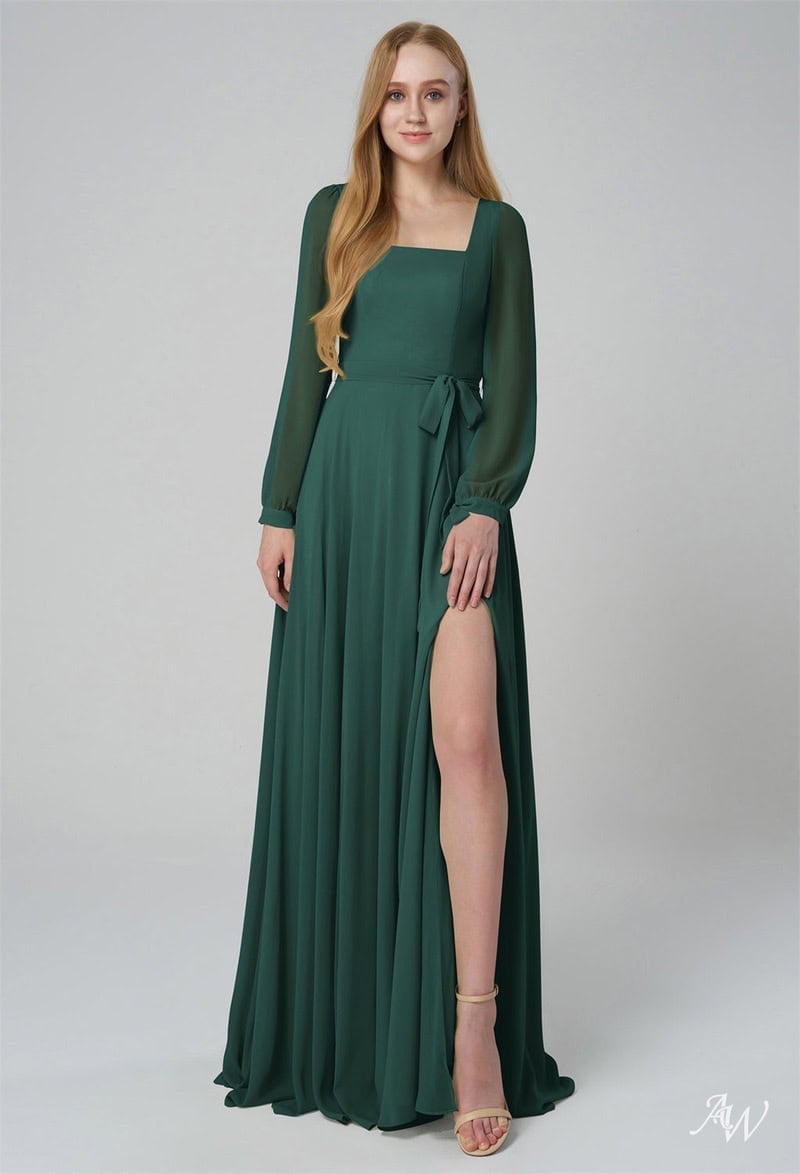 Emerald Green Chiffon Long Sleeve Dress with High Leg Slit — Bridesmaid Dress Ideas