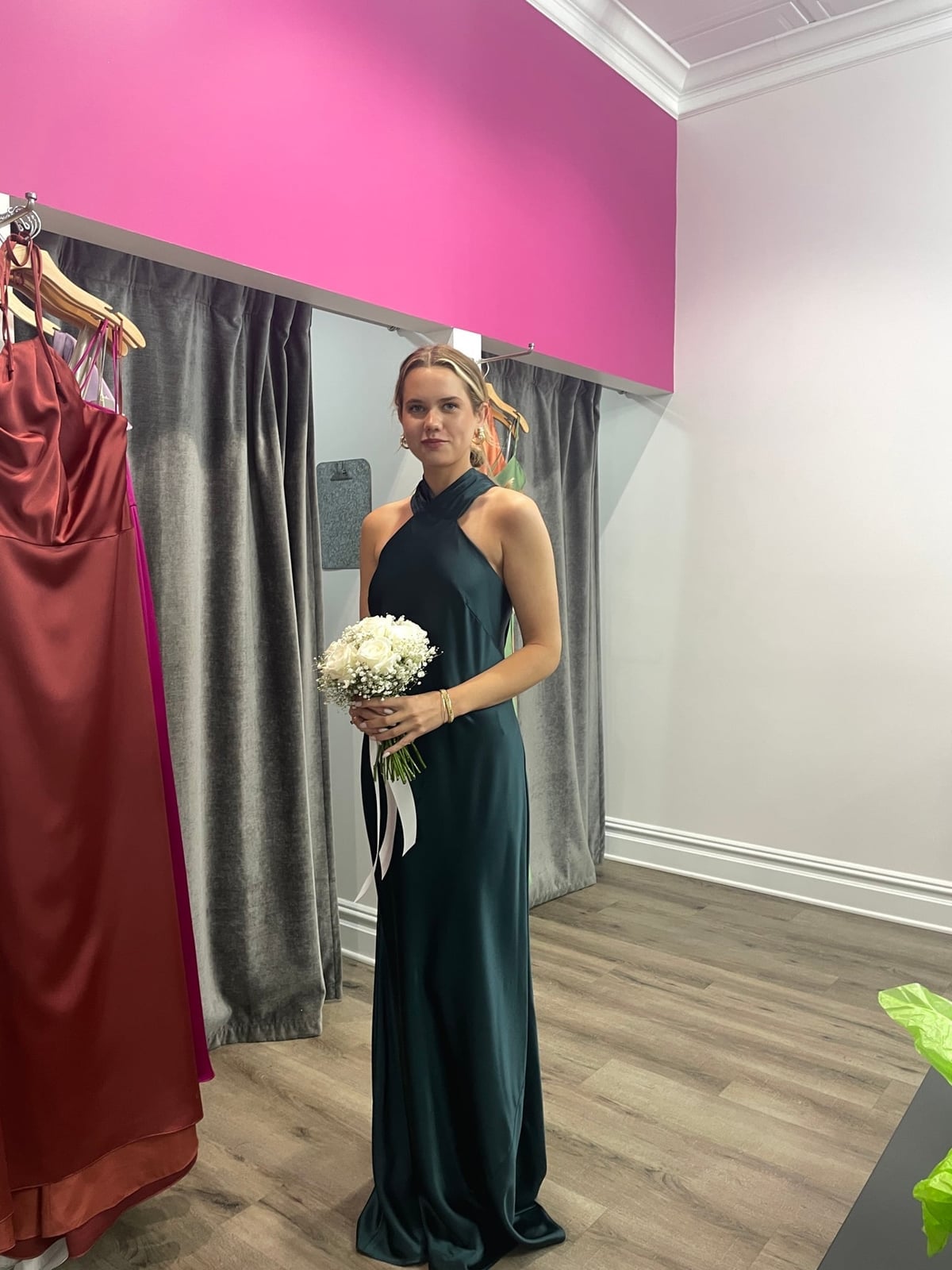 Dark Green Satin Halter Neck Dress with Column Silhouette — Bridesmaid Dress Ideas