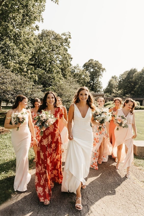Mixed Styles Including Satin Sheath, Floral A-line, and Wrap Dresses — Bridesmaid Dress Ideas