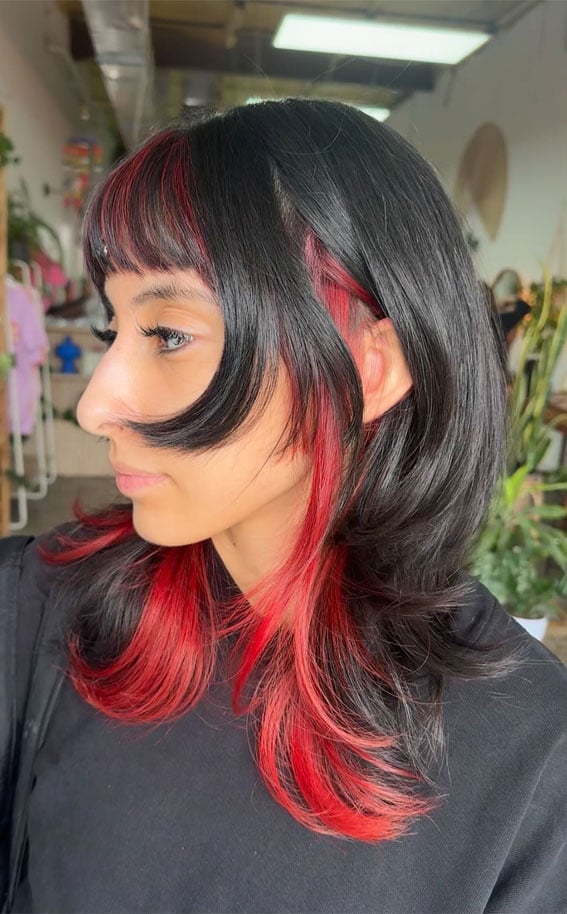 Collarbone Shag With Red Peekaboo Panels — Peekaboo Hair Ideas