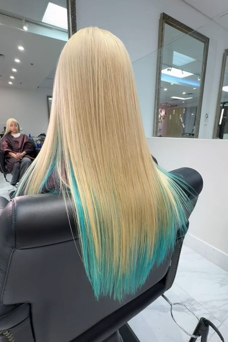 Mid-Back Platinum Blonde With Teal Peekaboo — Peekaboo Hair Ideas
