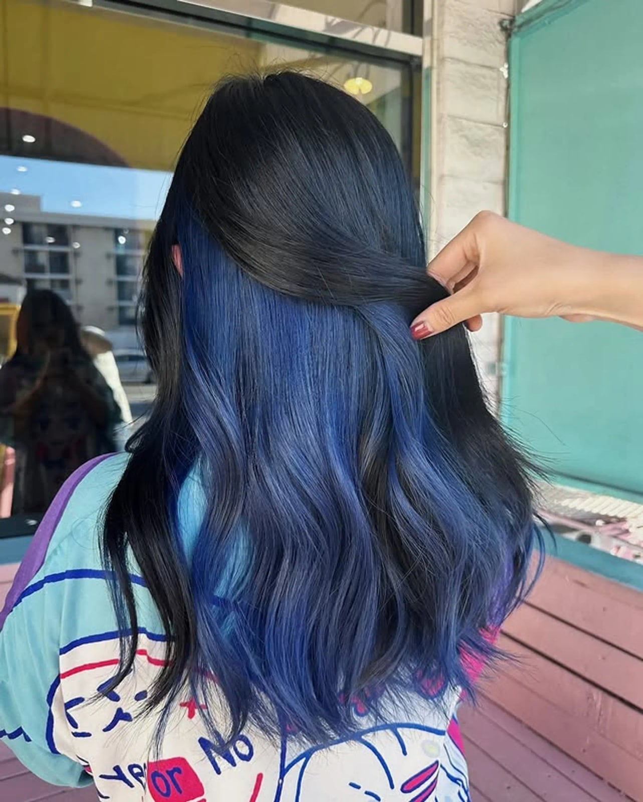 Mid-Back Black With Blue Peekaboo Highlights — Peekaboo Hair Ideas