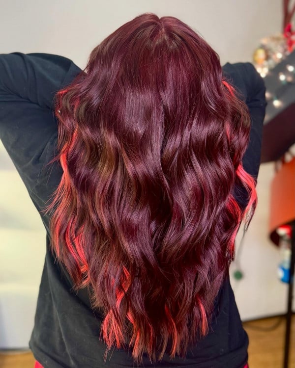 Mid-Back Burgundy With Fiery Red Peekaboo — Peekaboo Hair Ideas