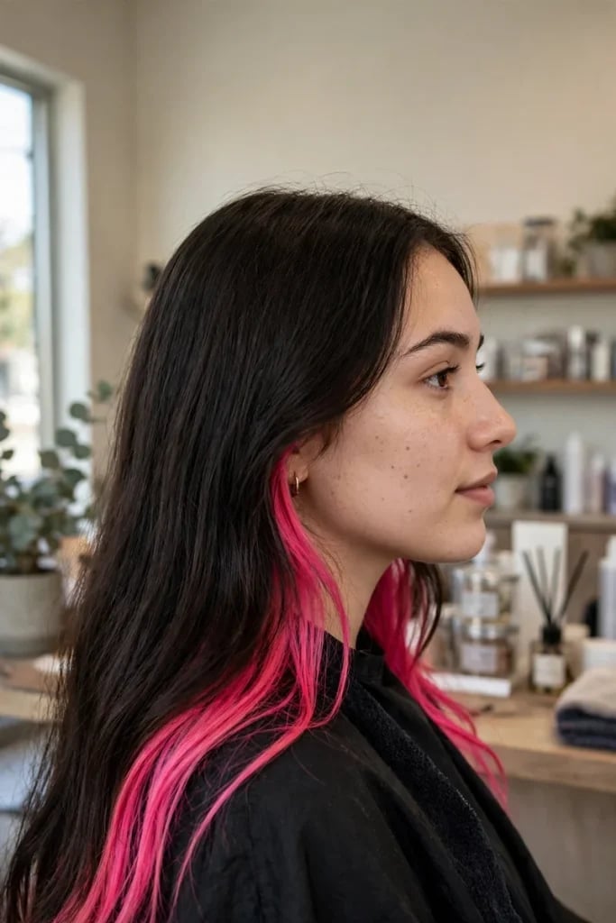 Mid-Back Dark Brown With Pink Peekaboo, Wavy — Peekaboo Hair Ideas