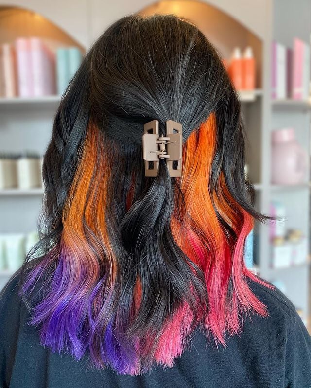 Long Dark Base With Purple Peekaboo Strands — Peekaboo Hair Ideas