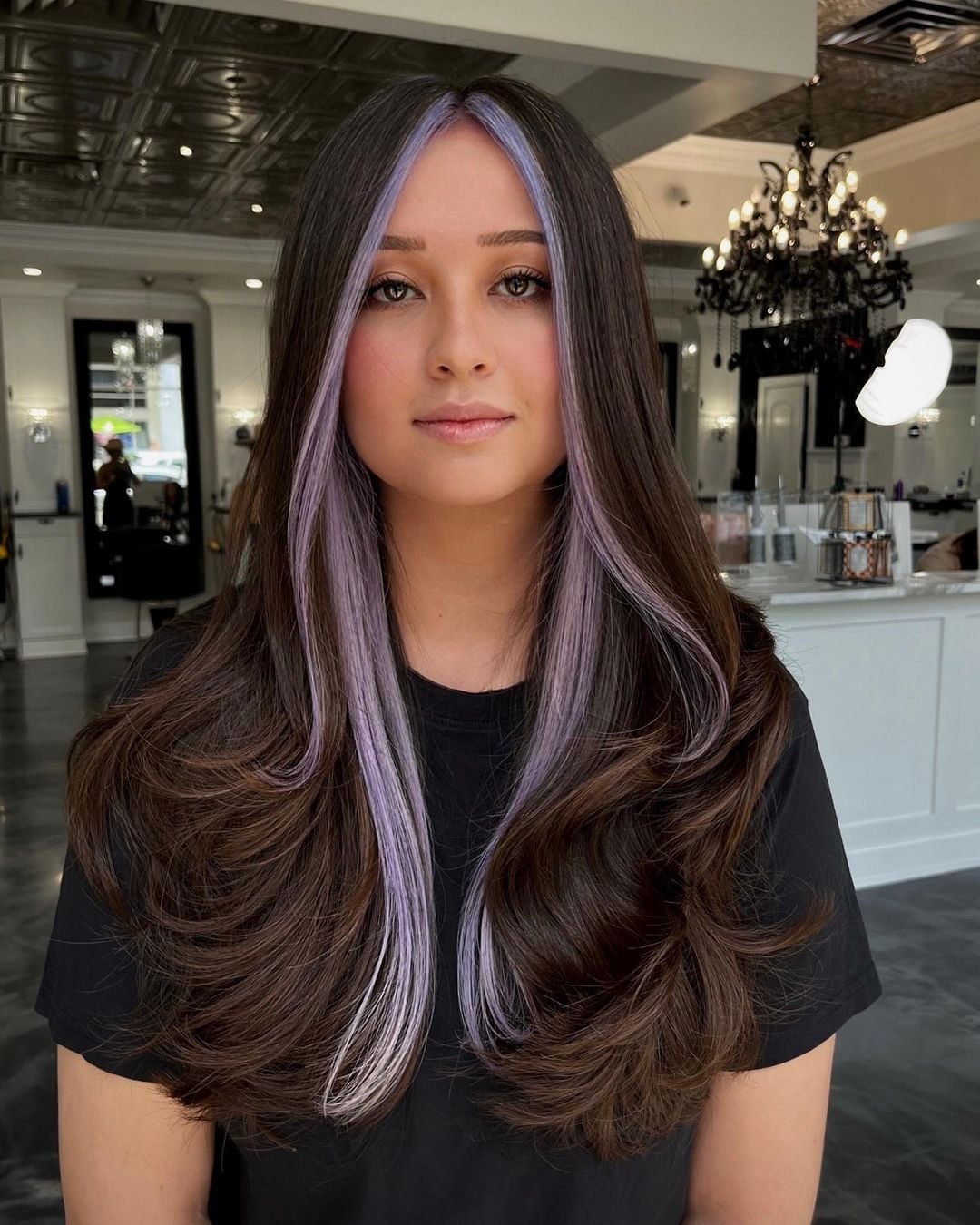 Long Dark Brown With Lavender Peekaboo Strands — Peekaboo Hair Ideas