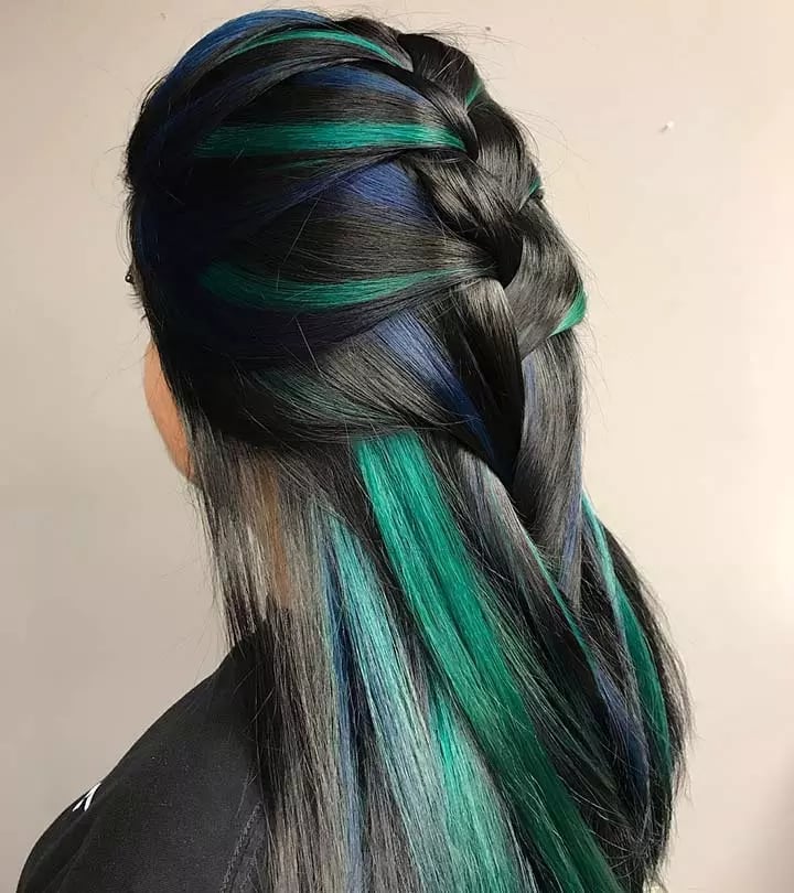 Mid-Back Black With Blue And Green Streaks — Peekaboo Hair Ideas