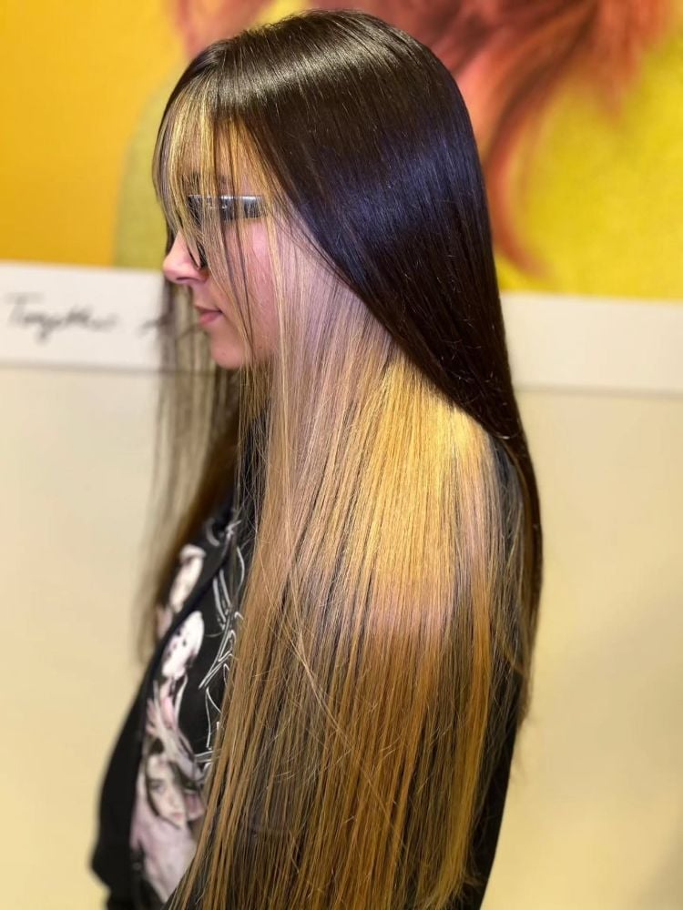 Mid-Back Straight Hair With Blunt Bangs And Blonde Peekaboo — Peekaboo Hair Ideas