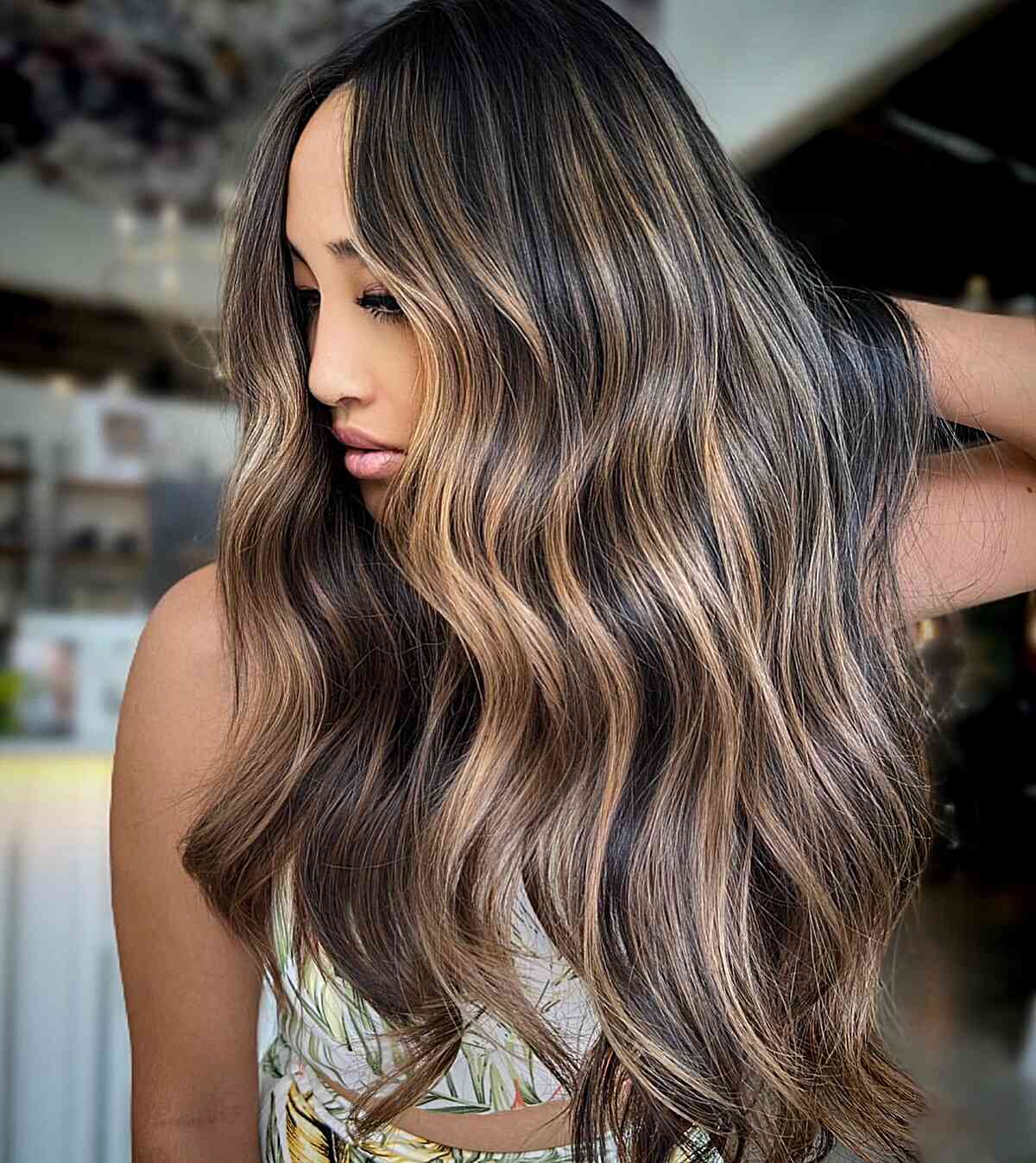 Dark Brown Mid-Back Waves With Caramel Balayage — Highlight Ideas on Brown Hair