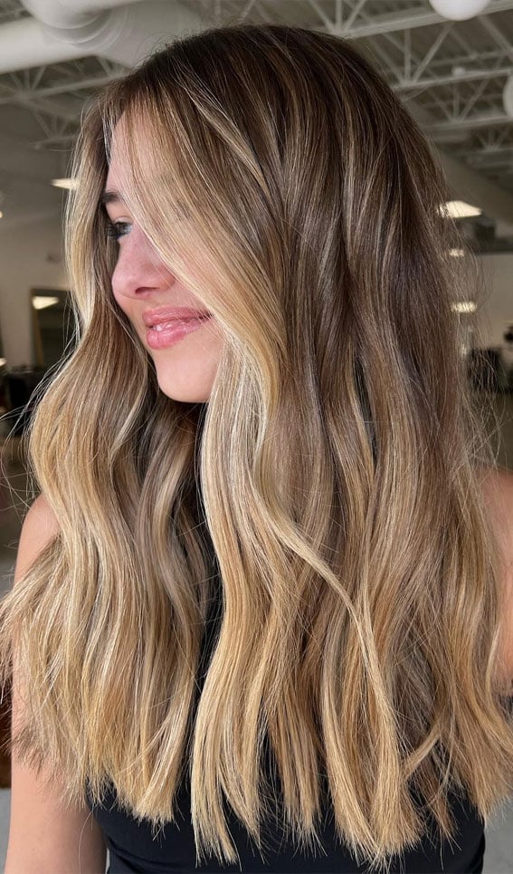 Brown Mid-Back Blowout With Honey Blonde Bangs — Highlight Ideas on Brown Hair
