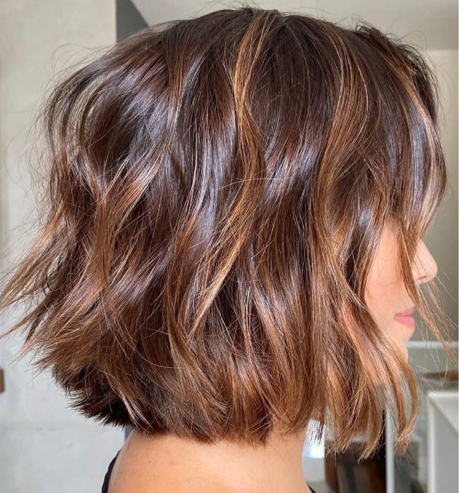 Chin Length Bob With Caramel Curtain Bangs — Highlight Ideas on Brown Hair