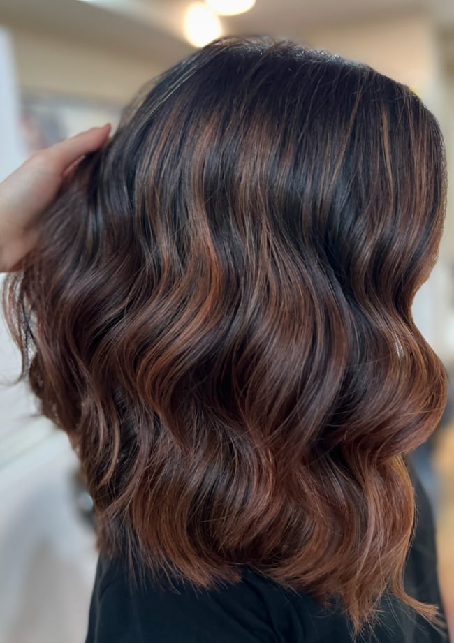 Mid-Back Balayage With Copper Caramel — Highlight Ideas on Brown Hair