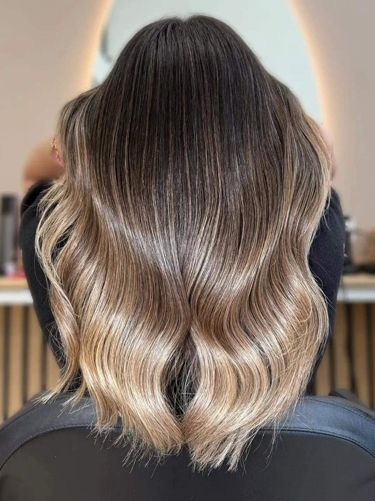 Mid-Back Brown With Blonde Balayage & Curtain Bangs — Highlight Ideas on Brown Hair