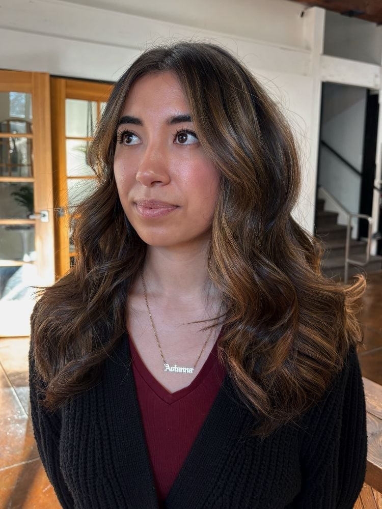 Mid-Back Dark Brown With Caramel Balayage, Close-Up Take — Highlight Ideas on Brown Hair