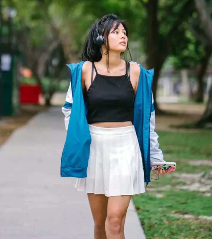Pleated Skirt with a Blue Jacket and Tank Top — Skater Outfits