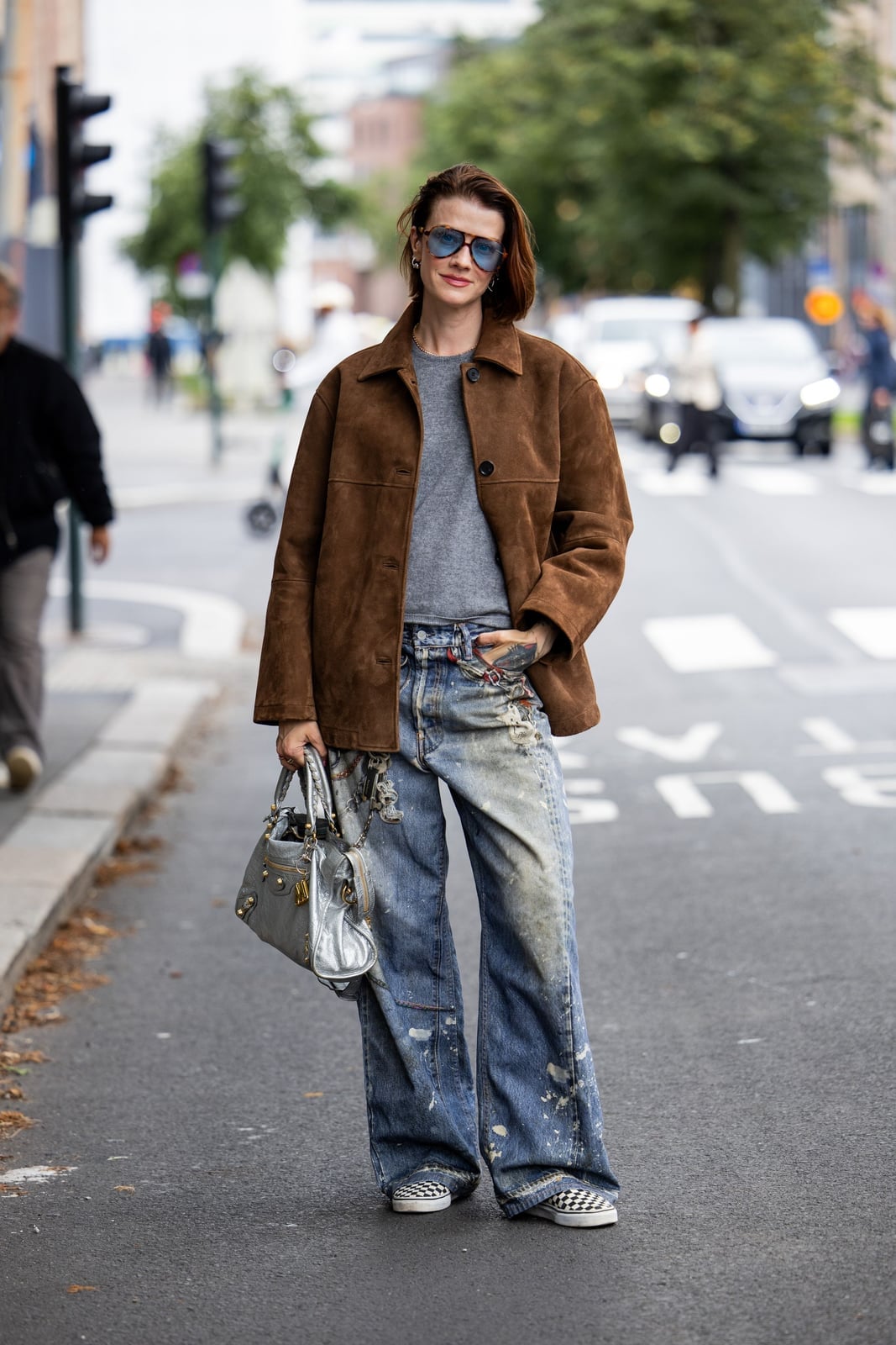 Suede Jacket Over T-Shirt with Distressed Baggy Jeans — Skater Outfits