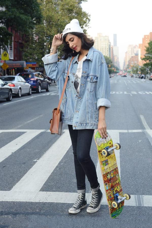 Denim Jacket Over Graphic Tee with Skinny Jeans — Skater Outfits
