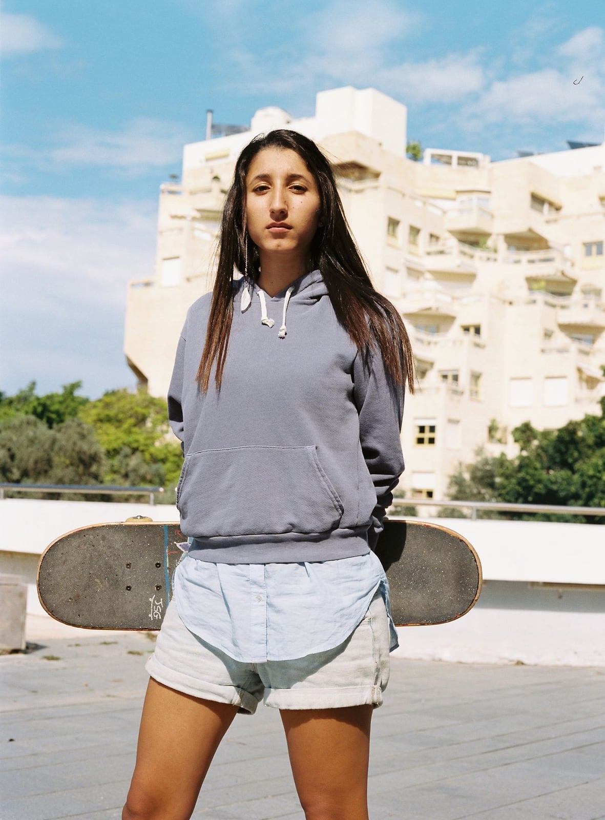 Gray Hoodie Over Button-Down with White Shorts — Skater Outfits