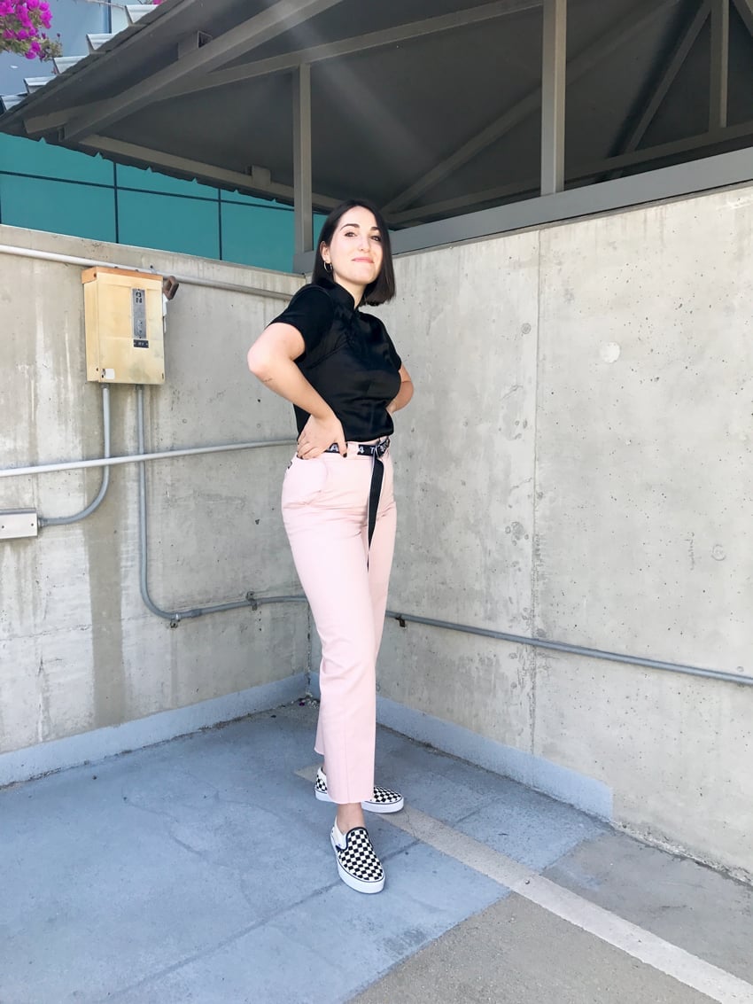 Pink Chino Pants with Collared Top and Checkered Vans — Skater Outfits