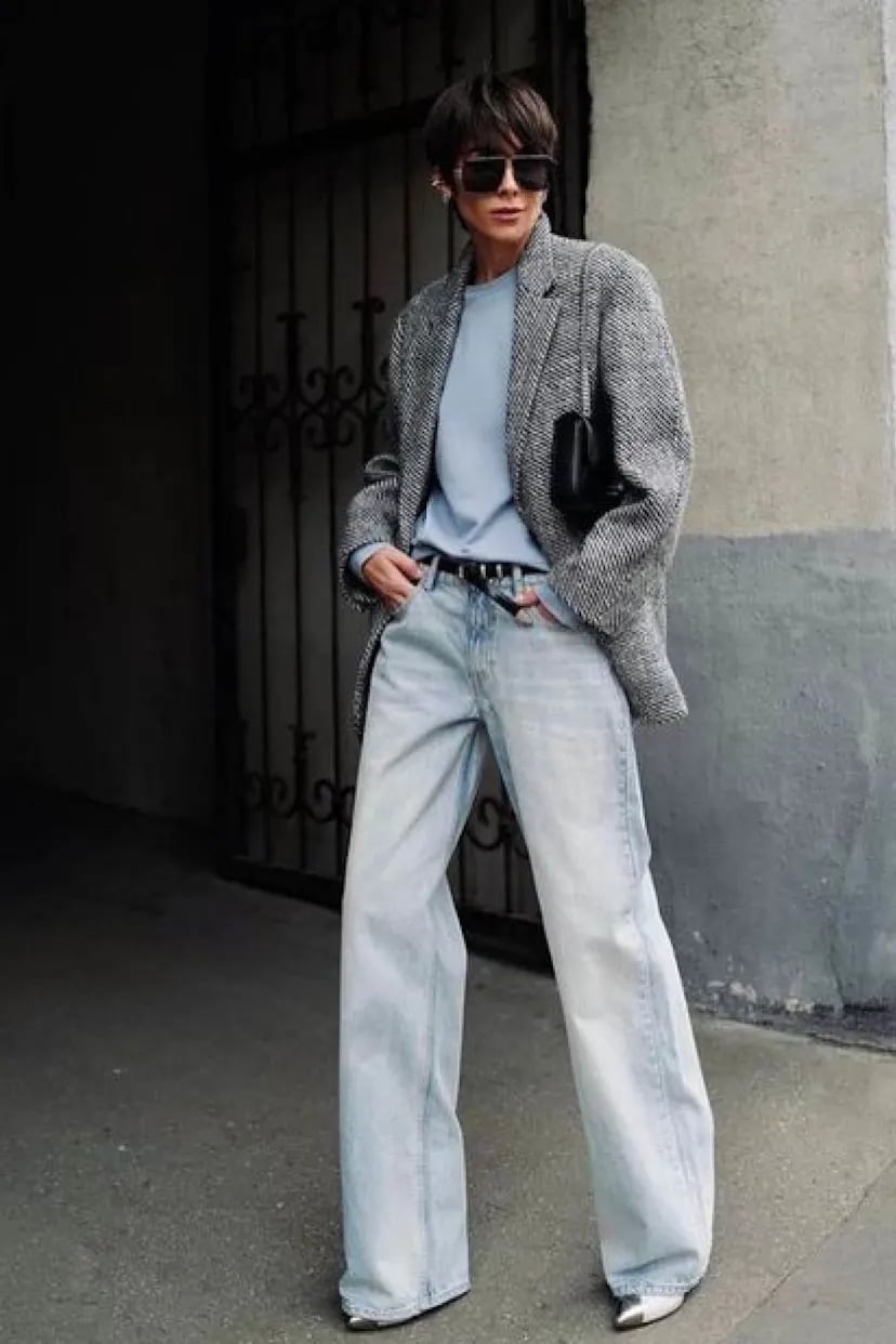 Tweed Oversized Blazer with Crewneck Sweater and Wide Leg Jeans Tweed Oversized Blazer with Crewneck Sweater and Wide Leg Jeans — Trendy Outfits