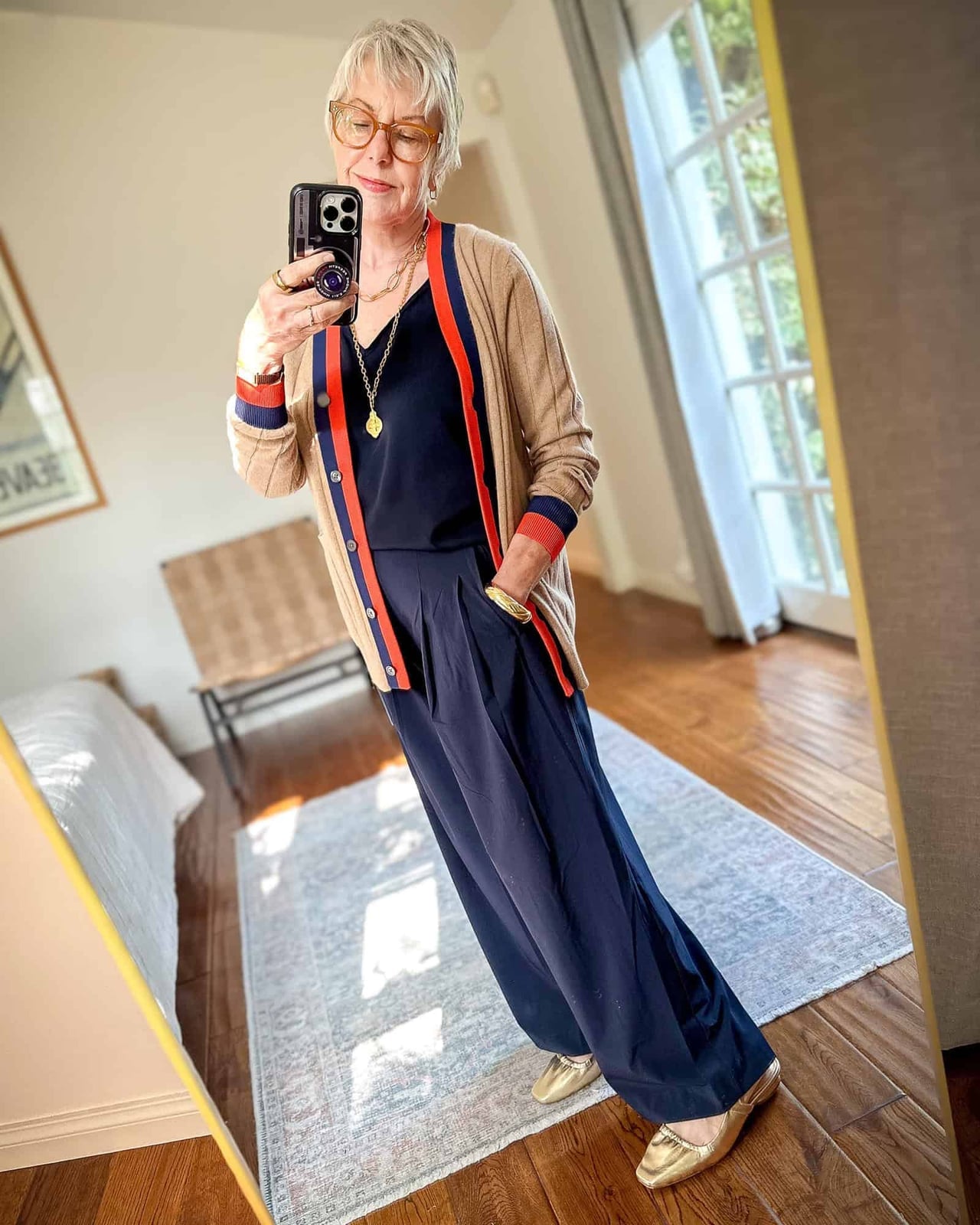 Cardigan with Trim Over Navy Trousers Cardigan with Trim Over Navy Trousers — Trendy Outfits