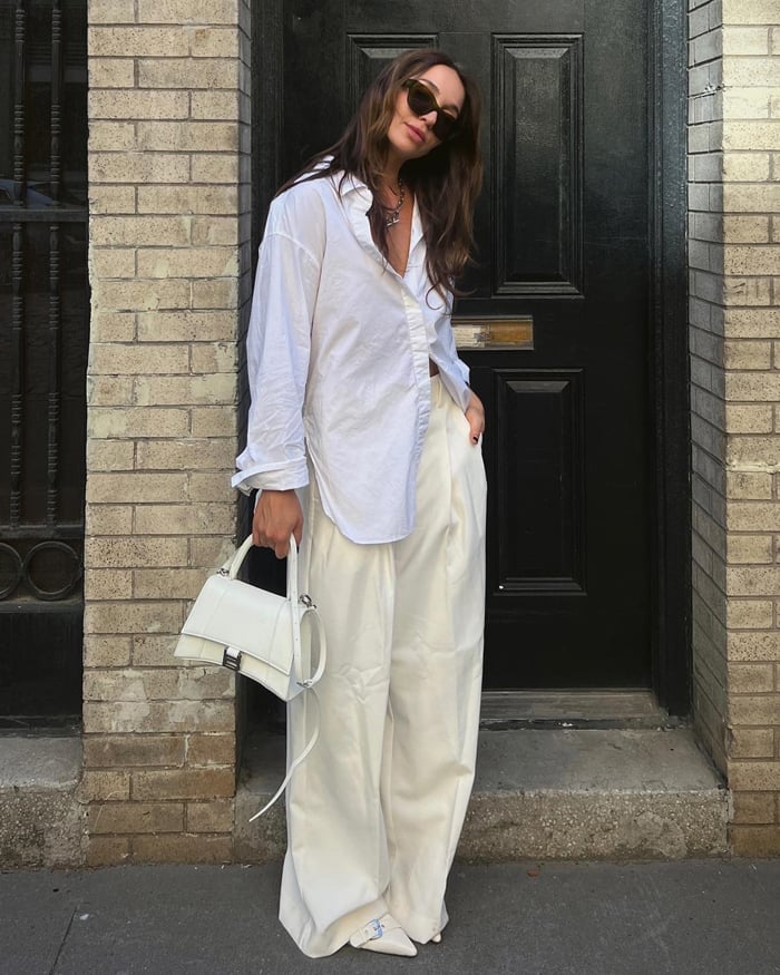 White Wide-Leg Trousers with an Oversized Button-Down Shirt White Wide-Leg Trousers with an Oversized Button-Down Shirt — Aesthetic White Pants Outfits