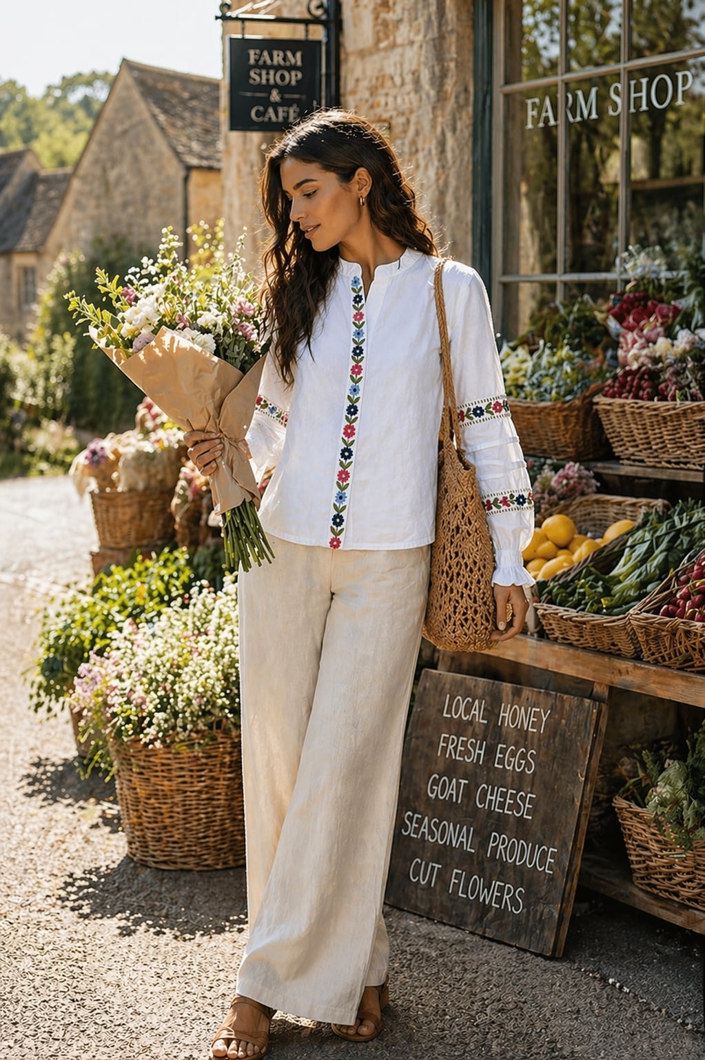 Off-white Linen Trousers with an Embroidered Blouse Off-white Linen Trousers with an Embroidered Blouse — Aesthetic White Pants Outfits