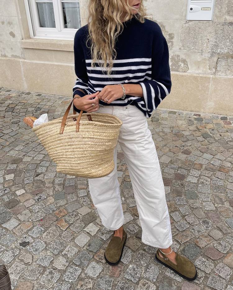 White Wide-Leg Trousers with a Navy and White Striped Sweater White Wide-Leg Trousers with a Navy and White Striped Sweater — Aesthetic White Pants Outfits