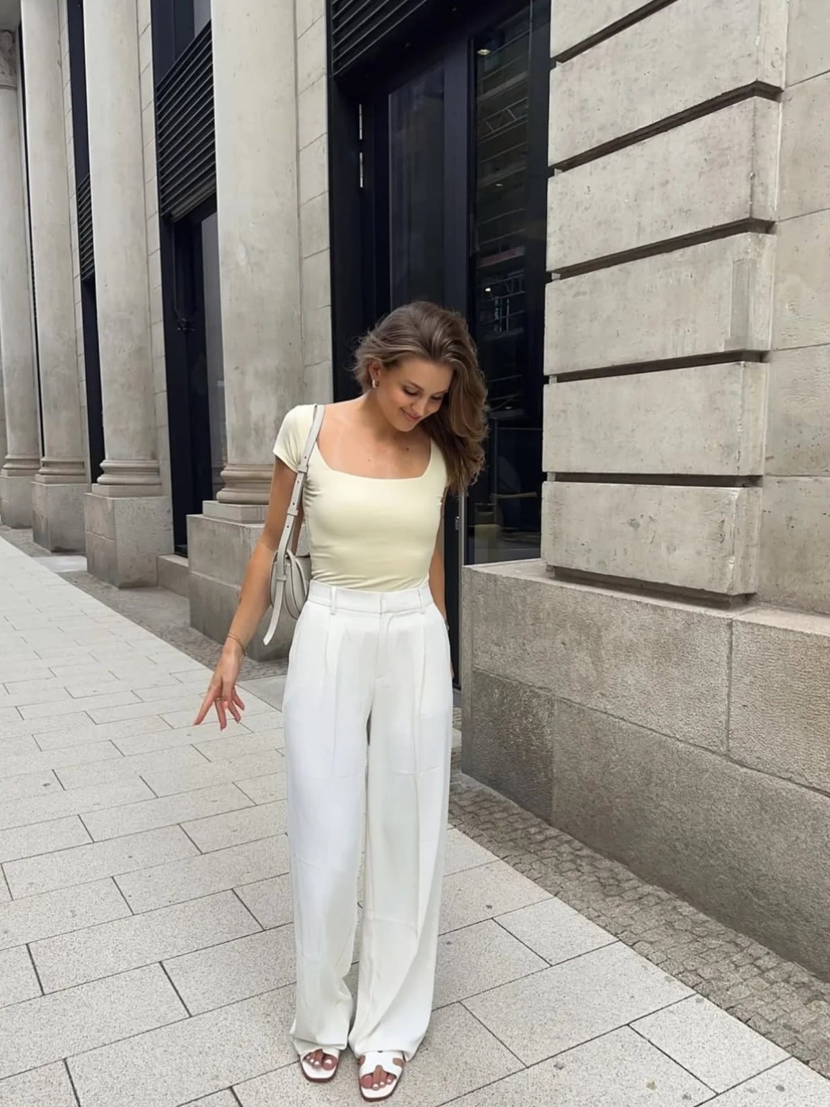 White Wide-Leg Trousers with a Pale Yellow Fitted Top White Wide-Leg Trousers with a Pale Yellow Fitted Top — Aesthetic White Pants Outfits