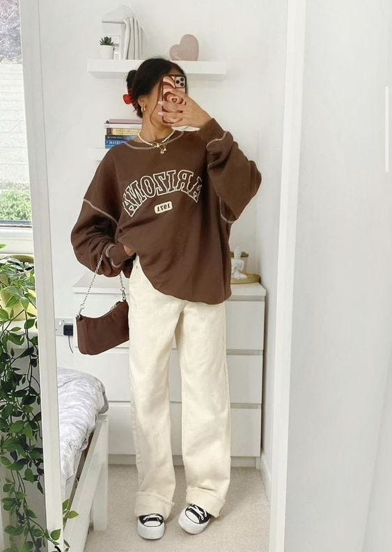 Cream Wide-Leg Trousers with a Brown Oversized Sweatshirt Cream Wide-Leg Trousers with a Brown Oversized Sweatshirt — Aesthetic White Pants Outfits