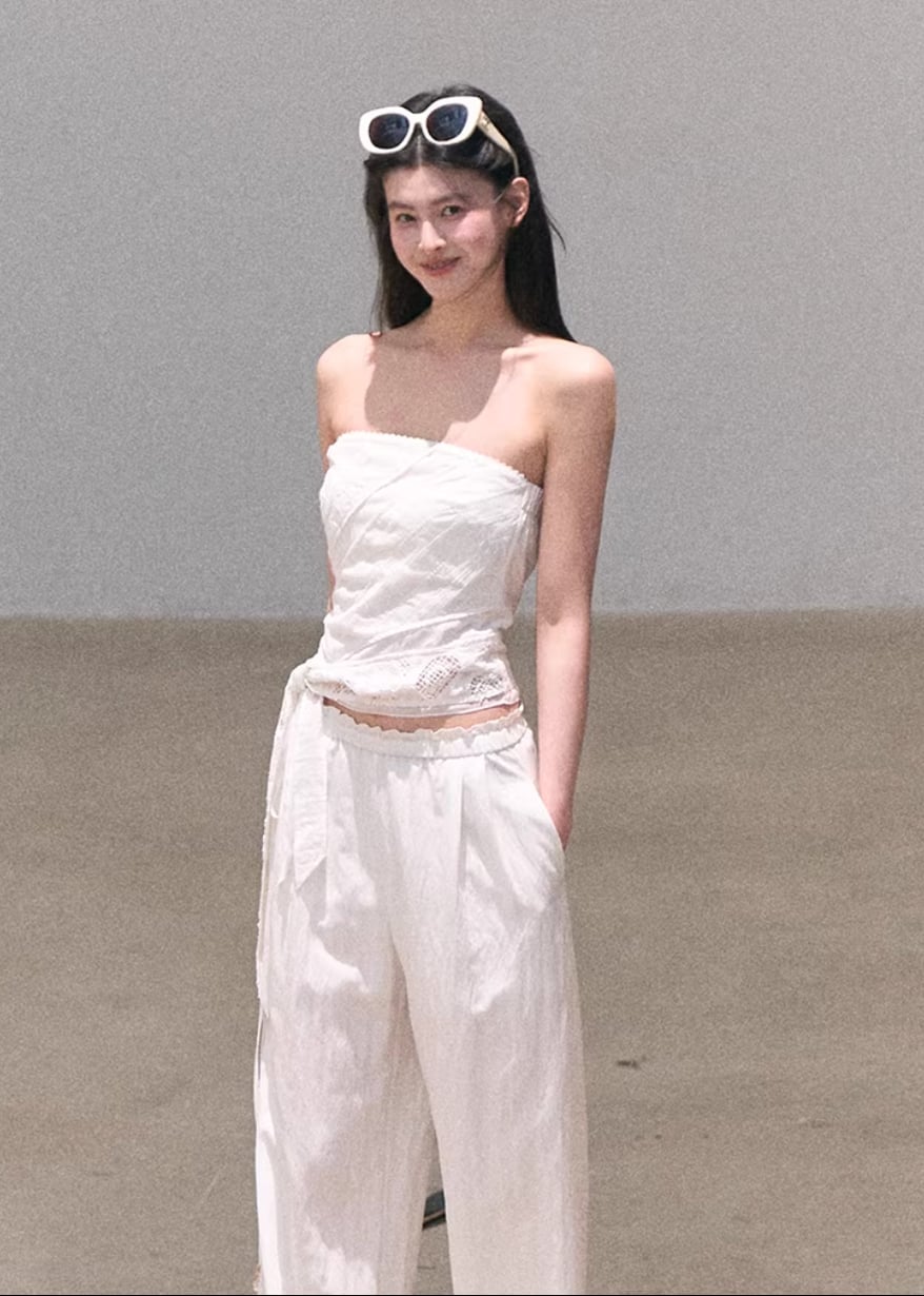 White Wide-Leg Trousers with a Strapless White Top White Wide-Leg Trousers with a Strapless White Top — Aesthetic White Pants Outfits
