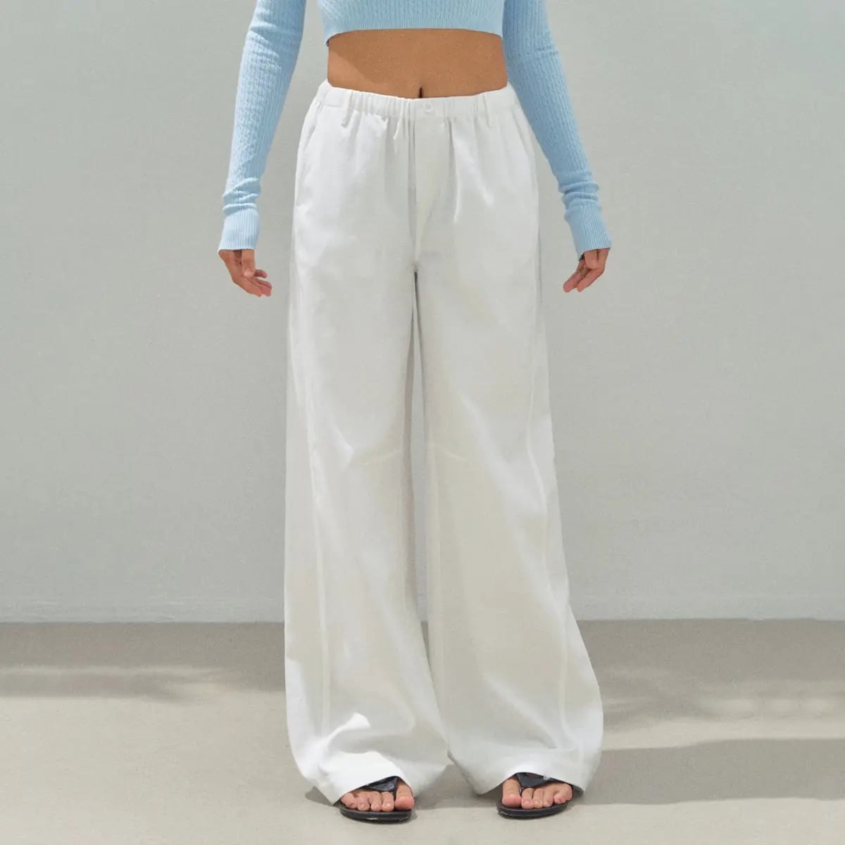 Extremely Wide-Leg White Trousers with a Light Blue Crop Top Extremely Wide-Leg White Trousers with a Light Blue Crop Top — Aesthetic White Pants Outfits