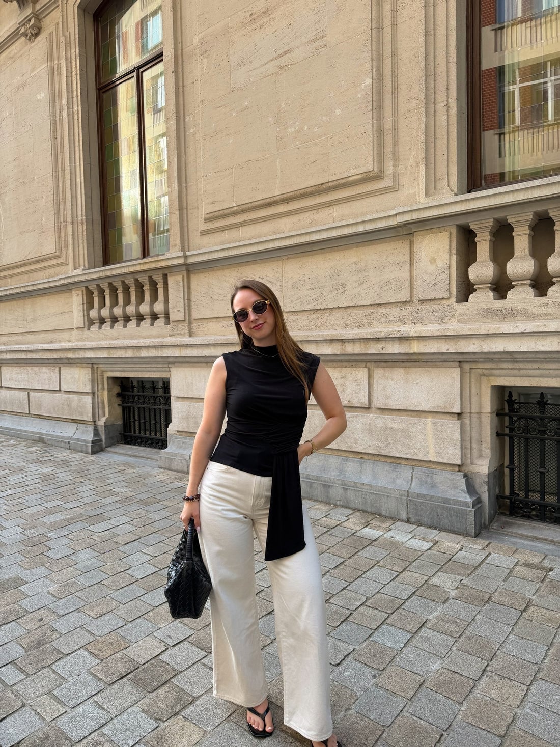 White Wide-Leg Trousers with a Black Sash-Detail Top White Wide-Leg Trousers with a Black Sash-Detail Top — Aesthetic White Pants Outfits