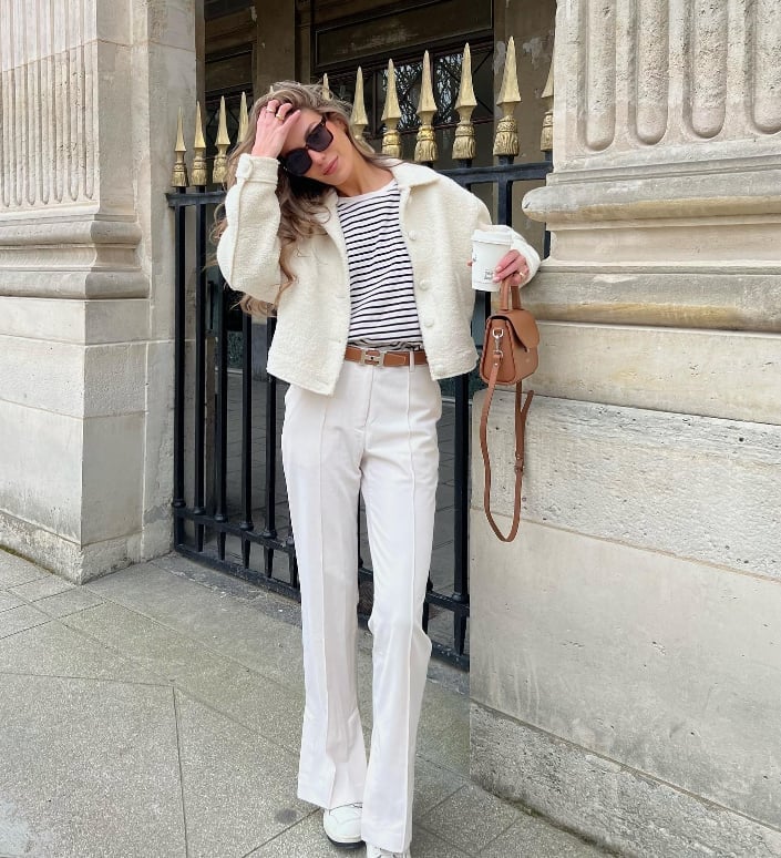Cream Flared Trousers with Split Hem and Cropped Jacket Cream Flared Trousers with Split Hem and Cropped Jacket — Aesthetic White Pants Outfits