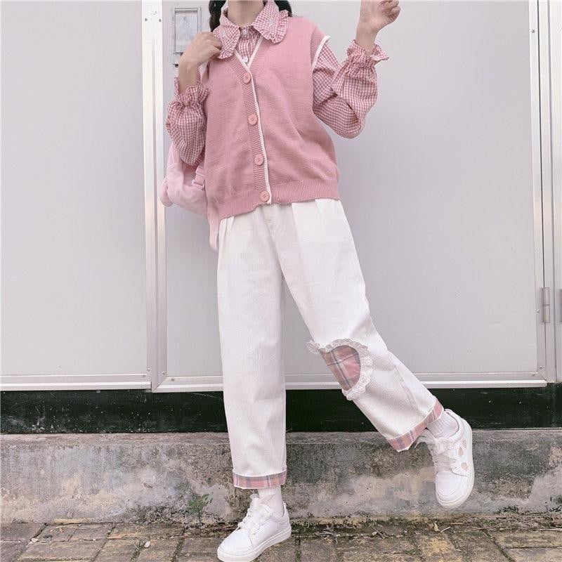 White Corduroy Trousers with Heart Cut-Outs and Pink Trim White Corduroy Trousers with Heart Cut-Outs and Pink Trim — Aesthetic White Pants Outfits