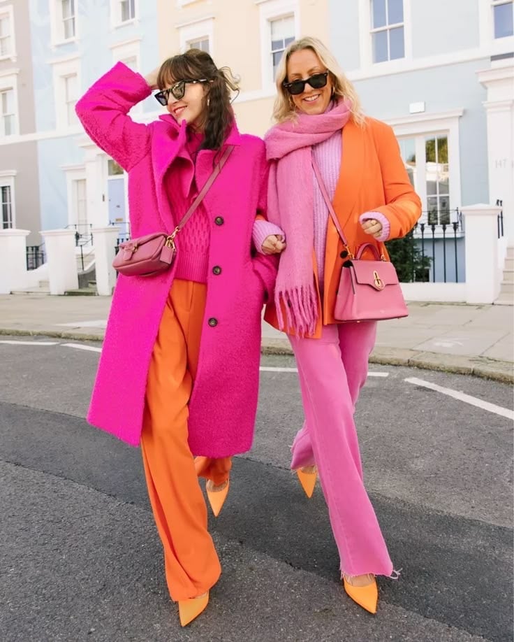 Orange Trousers Paired with Pink Coat — Aesthetic Orange Outfits
