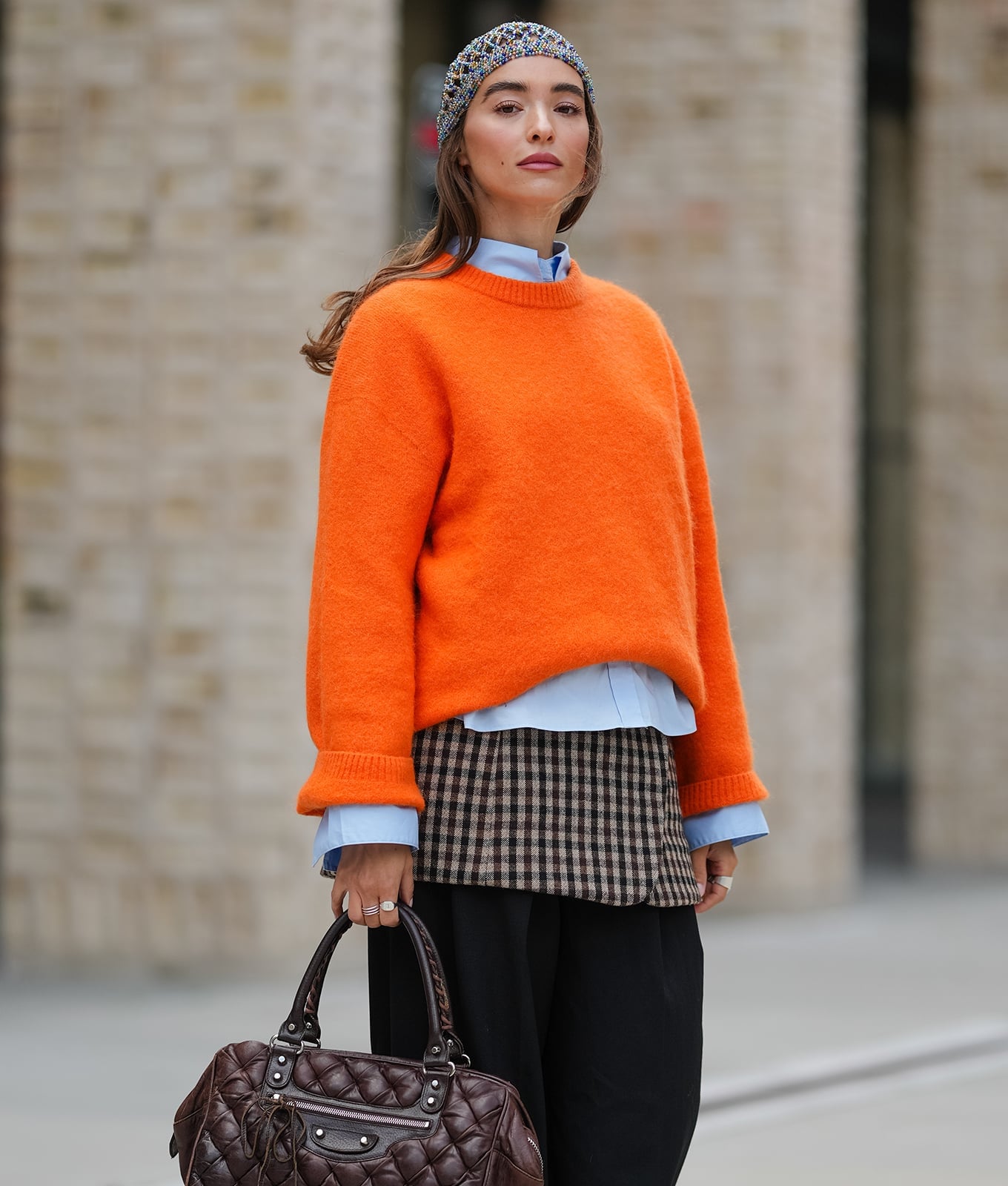 Bright Orange Fuzzy Sweater with Check Mini Skirt — Aesthetic Orange Outfits