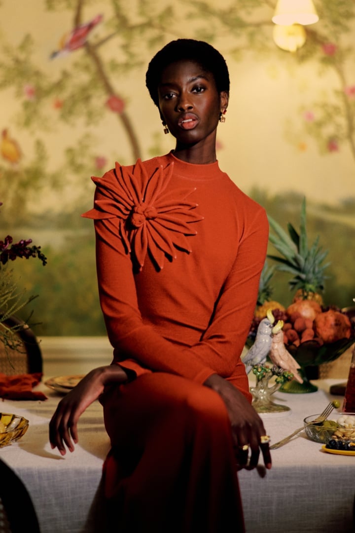 Rust Orange Knit Dress with Shoulder Appliqué — Aesthetic Orange Outfits