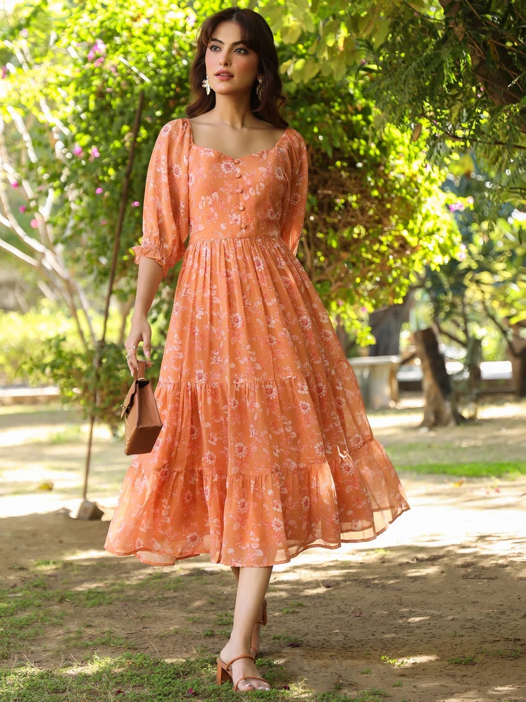 Peach Floral Print Georgette Dress with Tiered Skirt — Aesthetic Orange Outfits