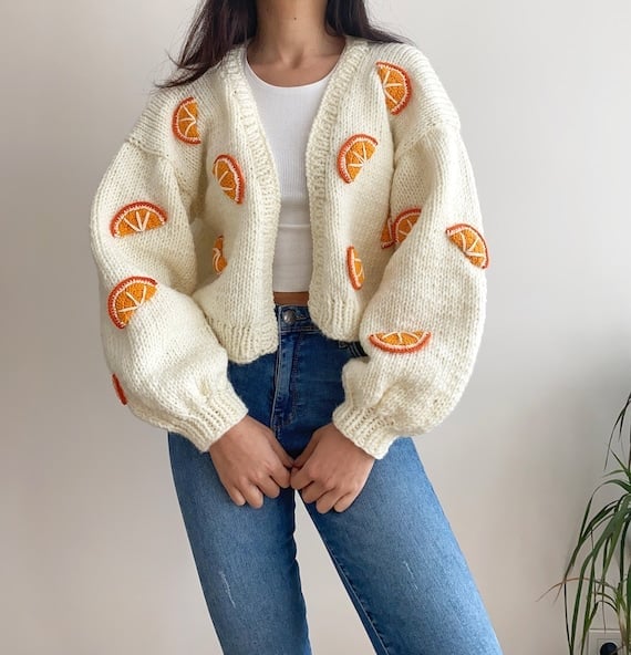 Cream Cardigan with Orange Slice Embroidery — Aesthetic Orange Outfits